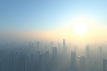 Foggy Sunrise City Skyline with Tall Skyscrapers and Soft Golden Light