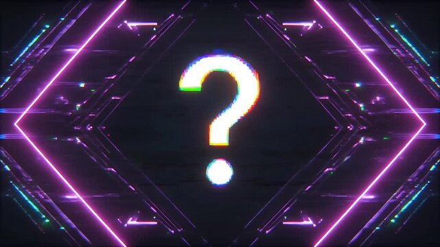 Glowing question mark animation in a neon style, surrounded by colorful lights and geometric patterns