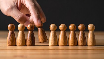 Hand selecting wooden figurine from lineup.