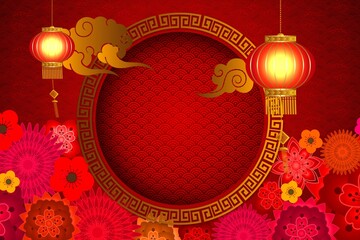 Chinese New Year - Stunning vibrant red Chinese lanterns illuminate smoky atmosphere for magical festival celebration night