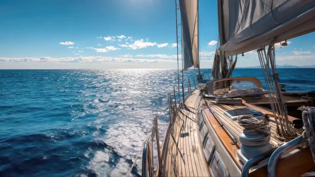Sailing yacht glides through tranquil blue waters under a clear sky, showcasing the beauty of nature, with a smooth camera pan capturing the serene atmosphere