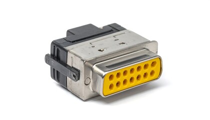 A close up shot of a gray and black computer connector with yellow sockets laying on a white background