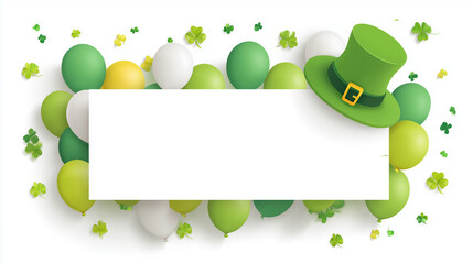 st. patrick's day banner with blank white space for text, balloons, and a green hat on isolated background. Design for poster, website, banner.