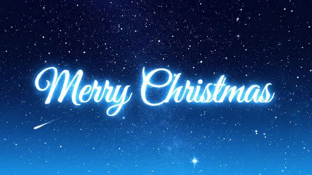 Merry christmas glowing blue script text with magical light effect against a dark blue starry night sky background merry christmas