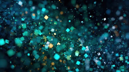 Abstract shimmering bokeh lights in deep teal and emerald green with golden highlights creating a magical festive atmosphere