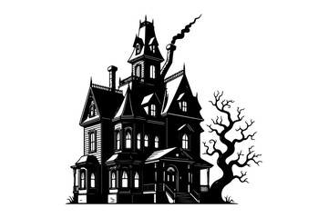 Obraz premium A detailed black and white illustration of an old, eerie gothic mansion with tall spires and a smoking chimney, exuding a mysterious and spooky atmosphere