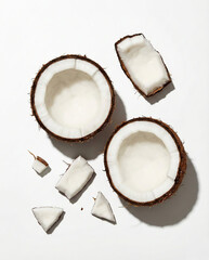 Top-view composition of fresh coconut halves and scattered coconut pieces on a clean white background