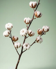 A dried cotton branch with soft white fibers captured against a pastel green background
