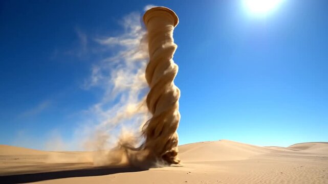 A tall sand pillar or dust devil rises from the desert floor, with blue sky backdrop