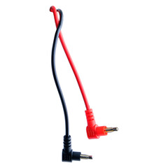 A pair of intertwined red and black multimeter test leads with right-angle banana plugs, isolated on a white background.