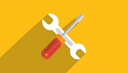 A flat design icon depicting a crossed wrench and screwdriver, symbolizing tools and repair services on a warm yellow background with a soft shadow