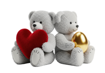 charming antique gray plush teddy bears holding a red velvet heart and a shiny golden egg, captured in a detailed studio close-up on a bright white background. Concept of enduring love and