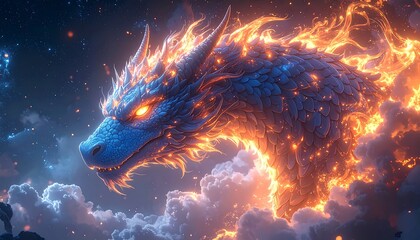 A fantastical blue dragon engulfed in vibrant orange flames soars amidst swirling clouds and a star-filled, mystical sky