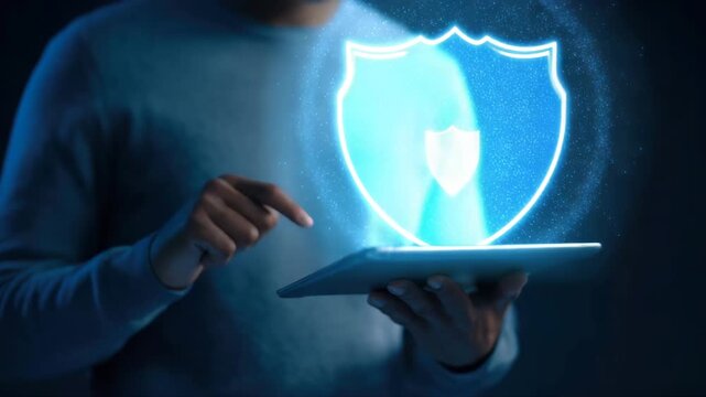 Individual interacts with tablet displaying holographic shield symbolizing digital security, showcasing progressive engagement with technology, camera zooms in on device