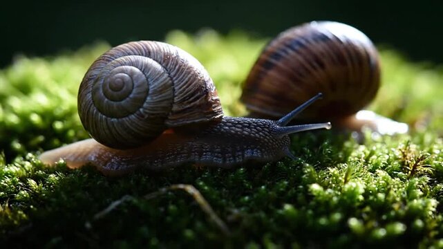 Two Garden Snails Crawling Slowly on Vibrant Green Moss Macro Nature Photography Wildlife