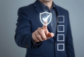 Professional Man Pointing with Glowing Shield Icon and Checkmarks, Symbolizing Completed Security Measures and Assurance.
