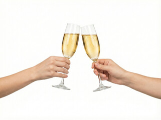 Ultra realistic two champagne glasses clinking held by two female hands isolated on pure white background with bright balanced studio lighting for premium New Year celebration visuals