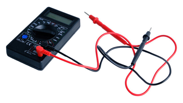 Digital Multimeter With Red And Black Test Leads On Black Background For Electrical Testing
