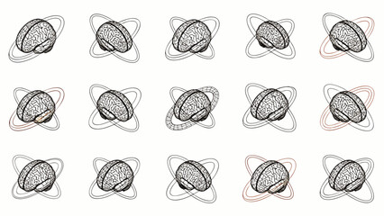 A captivating, repeating pattern of intricate hand-drawn brain illustrations, each encircled by dynamic orbital lines, symbolizing complex thought and interconnected concepts.