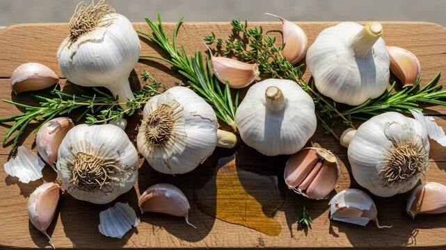 Fresh garlic and herbs on rustic wooden board with changing daylight patterns