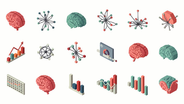 Diverse isometric icons representing data analysis, artificial intelligence, and scientific research concepts.