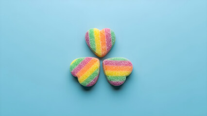 Three rainbow heart shaped candies arranged on a blue background