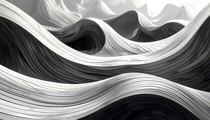 Abstract, monochrome, wavy landscape with flowing lines resembling stylized hills and valleys