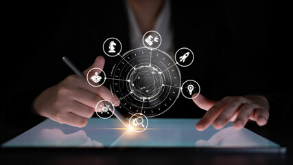 Innovation icons show creativity, teamwork, and project development. Innovation helps organizations design solutions, build strategy, and grow with new business opportunities. Entice