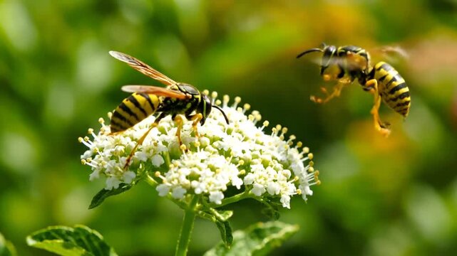 Two Yellowjackets Foraging Nectar on Delicate White Flowers in Summer Sunlight Macro Nature Photography of Wasps Flying and Perched