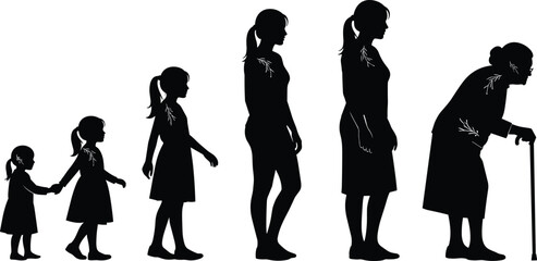 Female life stages silhouette, aging timeline icon, childhood to elderly progression, black illustration, human development phases, generational growth concept, woman aging sequence