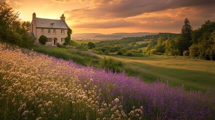 A picturesque countryside scene featuring a charming cottage surrounded by breathtaking hills and vibrant wildflowers. The sunset casts a golden glow over the landscape. Generative AI