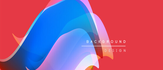 Abstract flowing shapes, vibrant colors, red backdrop. Modern design elements create dynamic visual experience. Text reads background design.