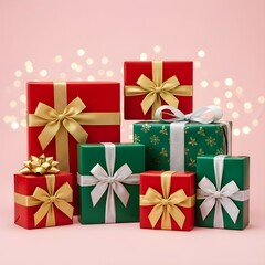 Fototapeta premium A festive collection of red and green wrapped gift boxes with gold and silver bows, set against a soft pink background with bokeh lights.