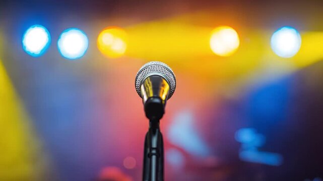 Microphone on stage with vibrant blue and yellow lights, ready for performance or public speaking