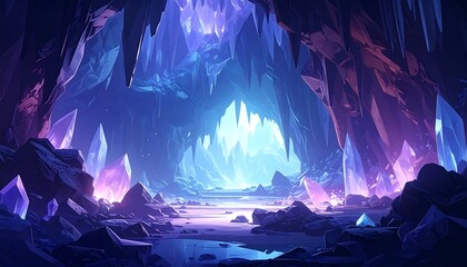 A fantasy cave with hanging crystals, rocks, and standing water, lit in shades of purple, blue and white