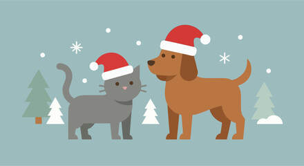 Cute Brown Dog and Grey Cat Wearing Santa Hats Standing Together in Winter Snow Landscape.