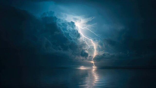 Dramatic lightning strikes illuminate dark storm clouds over tranquil waters, showcasing the raw power of nature as the camera pans across the scene capturing the unfolding spectacle