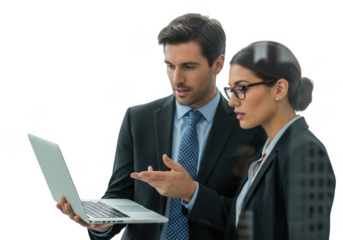 Two business professionals collaborating on a laptop isolated on transparent background