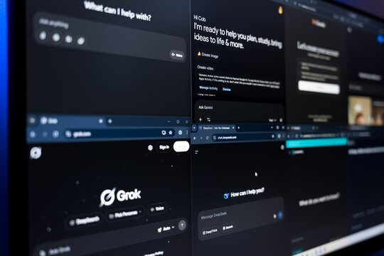 Monitor screen displaying a grid of eight major AI chatbot interfaces: ChatGPT, Gemini, Claude, Meta AI, Grok, DeepSeek, Perplexity, and Copilot.