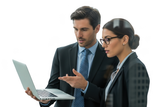 Two business professionals collaborating on a laptop isolated on transparent background - Powered by Adobe
