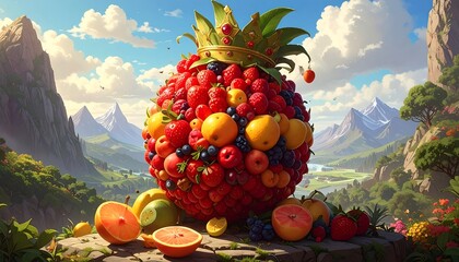 A fantasy fruit sculpture with berry base, citrus accents, crowned with leafy top, set amidst mountainous scenery