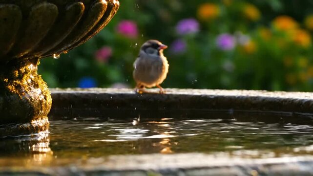 Charming House Sparrow Bathes in Sunny Garden Fountain Peaceful Wildlife Moment in Golden Light