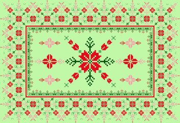 Christmas greeting card. Geometric pixel art pattern. Abstract pixel art geometric ethnic pattern design for fabric, carpet, tile, rug, embroidery, needlepoint and background. Vector pixel art