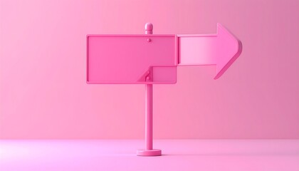 A pink directional sign, lit from the side, casts soft shadows against a pink background, creating a minimalist scene