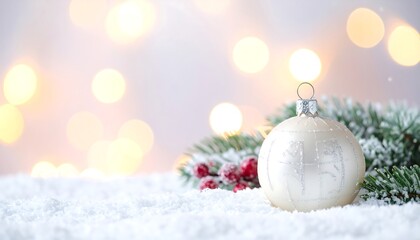 A festive holiday scene with a white ornament, berries, and snowy pine branch against a bokeh light backdrop
