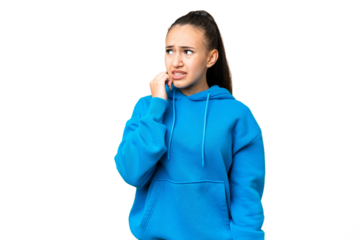 Young Arabian woman over isolated chroma key background is a little bit nervous