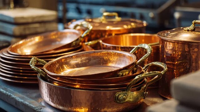 Copper cookware collection displayed on a kitchen counter, showcasing gleaming surfaces and intricate details, camera gradually zooms in to highlight craftsmanship and texture