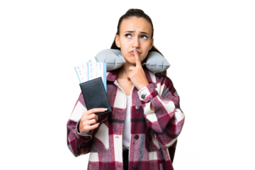 Young Traveler woman holding a passport over isolated chroma key background having doubts while looking up