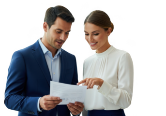 Business professionals collaborating on a document isolated on transparent background