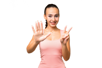 Young Arab woman over isolated background counting seven with fingers
